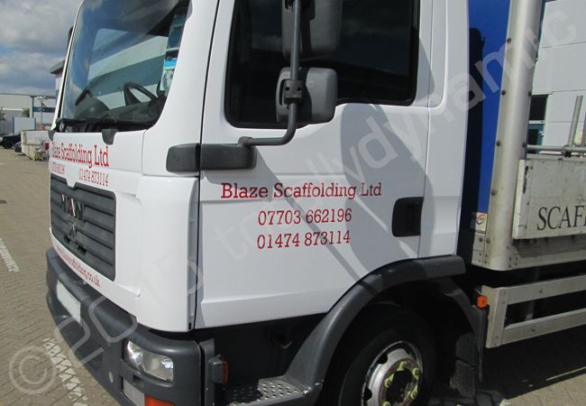 MAN TGL lorry cab vinyl wrapped for Blaze Scaffolding