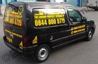 Peugeot Partner van wrapped in gloss black vinyl with yellow graphics by Totally Dynamic North London