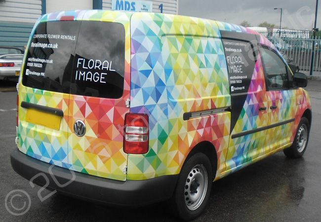 VW Caddy van fully vinyl wrapped for Floral Image in a printed vehicle wrap design by Totally Dynamic North London