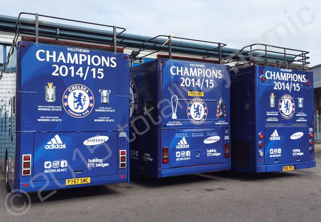 Buses wrapped for Chelsea FC in a fully printed vinyl bus wrap design by Totally Dynamic North & South London
