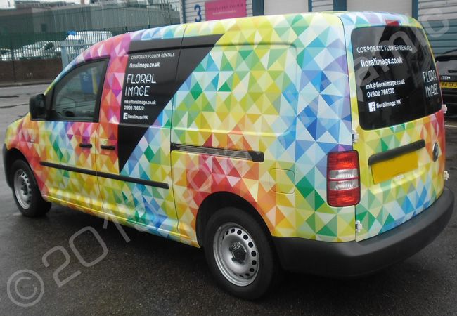 VW Caddy van fully vinyl wrapped for Floral Image in a printed vehicle wrap design by Totally Dynamic North London