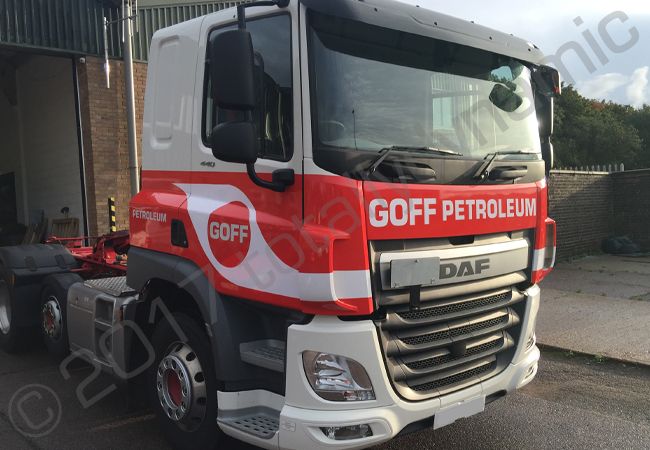 Volvo FM lorry cab vinyl wrapped for Goff Petroleum
