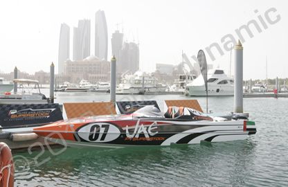 Superstock Powerboats vinyl wrapped for exhibition in the UAE by Totally Dynamic Southampton