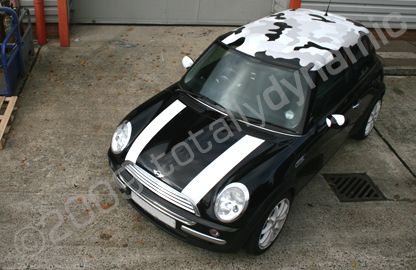 Mini with a wrapped camo roof and wing mirrors by Totally Dynamic Norwich