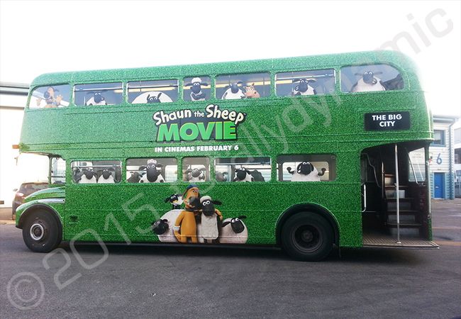 London Routemaster bus fully wrapped in a printed vinyl bus wrap to promote the Shaun the Sheep Movie by Totally Dynamic North London