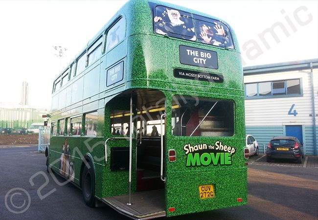 London Routemaster bus fully wrapped in a printed vinyl bus wrap to promote the Shaun the Sheep Movie by Totally Dynamic North London