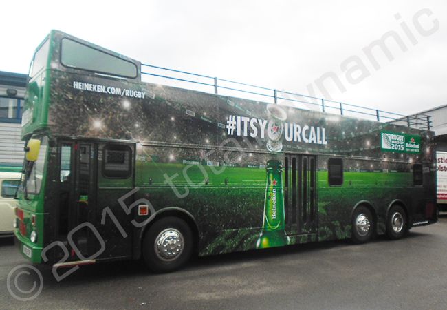 Rugby World Cup 2015 open top bus fully vinyl wrapped for Heineken in a printed bus wrap design by Totally Dynamic North London
