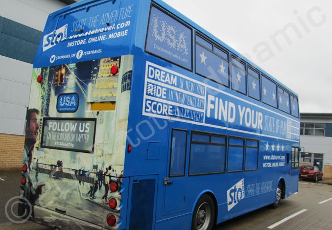 Double Decker bus vinyl wrapped for STA Travel
