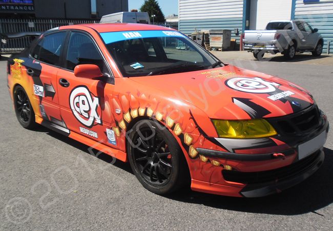 Saab 9-3 fully vinyl wrapped in a printed car wrap design for CEX by Totally Dynamic North London