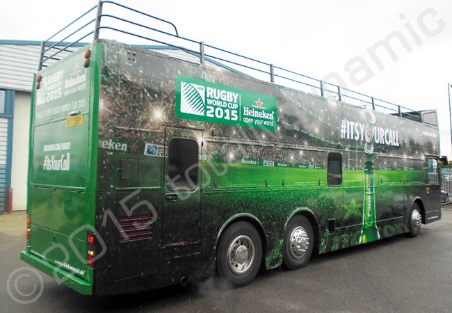 Rugby World Cup 2015 open top bus fully vinyl wrapped for Heineken in a printed bus wrap design by Totally Dynamic North London