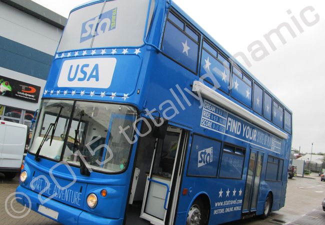 Double Decker bus vinyl wrapped for STA Travel