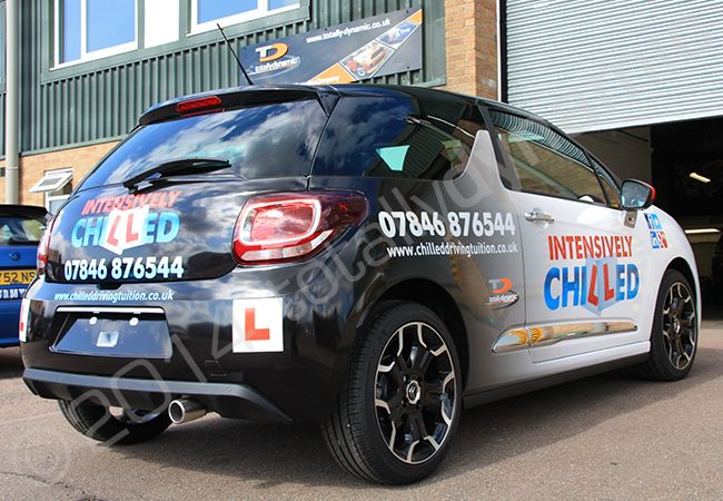 Citroen DS3 fully wrapped in a printed car wrap design for Intensively Chilled Driving Tuition by Totally Dynamic Norfolk
