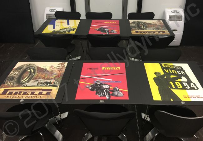 Hospitality Table Tops vinyl wrapped for Pirelli