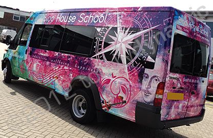 Ford Transit Jumbo minibus vinyl wrapped in printed design by Totally Dynamic South London