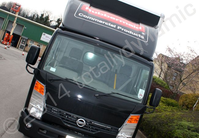 Nissan box van fully vinyl wrapped in a printed lorry wrap design by Totally Dynamic Leeds