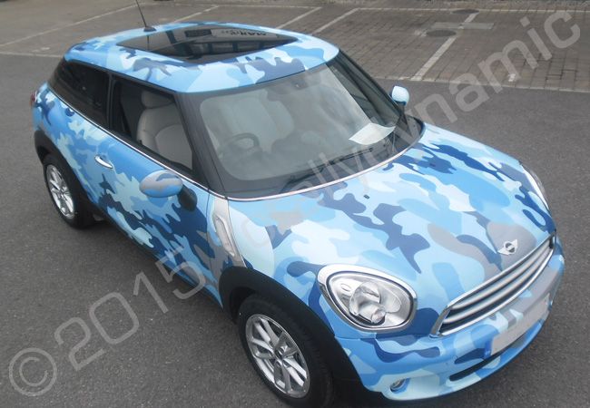 MINI Paceman fully vinyl wrapped in a printed car wrap camo design by Totally Dynamic North London
