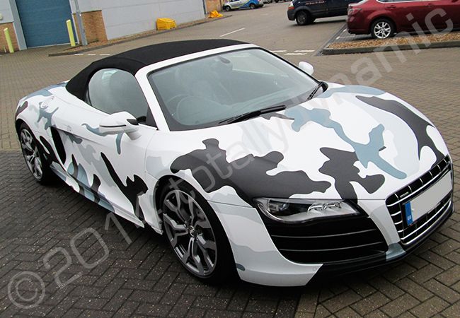 Audi R8 Spyders fully wrapped in a printed camouflage vehicle wrap design by Totally Dynamic South London