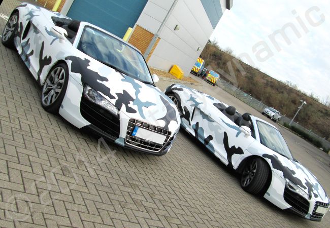 Audi R8 Spyders fully wrapped in a printed camouflage vehicle wrap design by Totally Dynamic South London