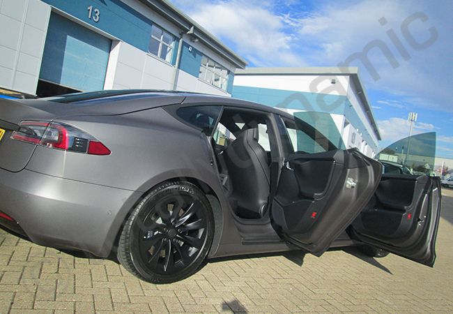 Tesla Model S fully vinyl wrapped in dark matt metallic grey