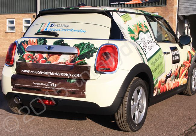 MINI fully vinyl wrapped for New Covent Garden Soups in a printed vehicle wrap design by Totally Dynamic Norfolk