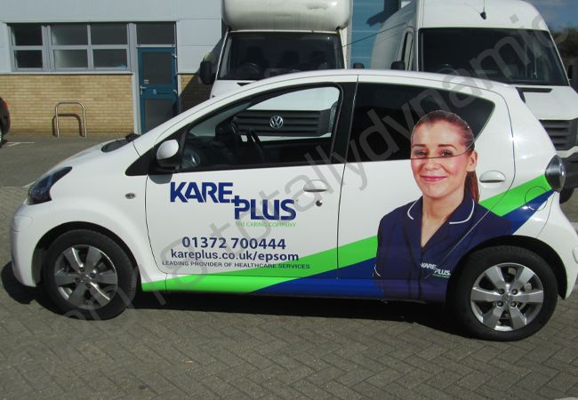 Toyota Aygo in a printed vinyl car wrap for Kare Plus