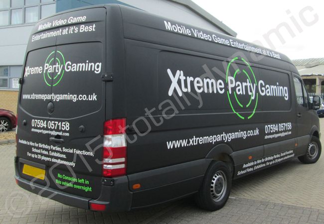 Mercedes Sprinter fully wrapped for Xtreme Party Gaming in a vinyl van wrap design by Totally Dynamic South London