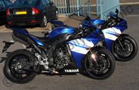 Yamaha R1 motorbikes wrapped in metallic blue with graphics by Totally Dynamic North London