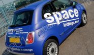 Fiat 500 wrapped in matt blue with gloss white graphics by Totally Dynamic North London