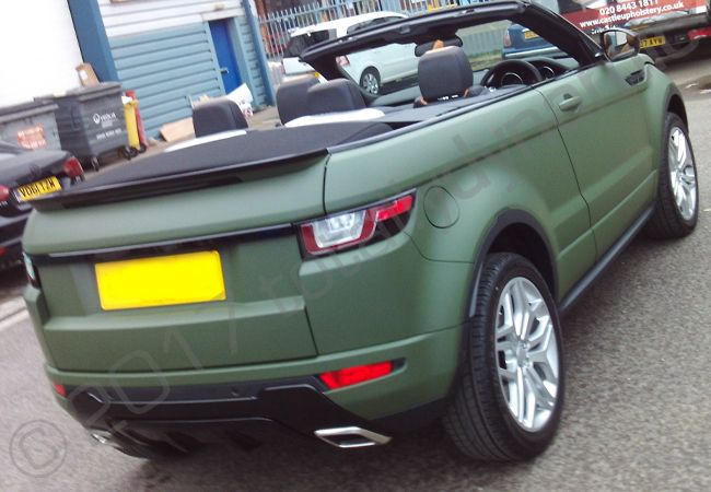 Range Rover Evoque convertible vinyl wrapped in a matt khaki car wrap