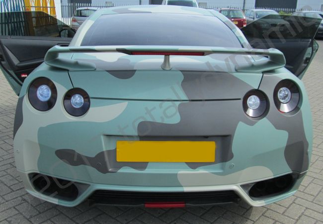 Nissan GTR vinyl wrapped in an arctic camo style car wrap