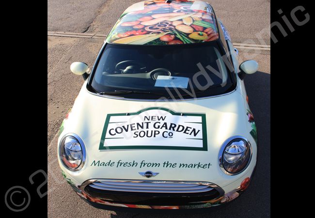 MINI fully vinyl wrapped for New Covent Garden Soups in a printed vehicle wrap design by Totally Dynamic Norfolk