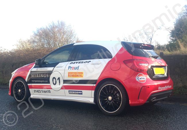Mercedes A Class fully vinyl wrapped for Myrings in a printed vehicle wrap design by Totally Dynamic Manchester