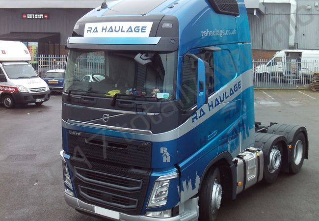 Volvo FH lorry cab fully vinyl wrapped for R A Haulage