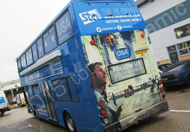 Double Decker bus vinyl wrapped for STA Travel