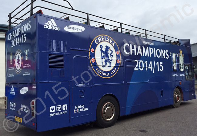 Buses wrapped for Chelsea FC in a fully printed vinyl bus wrap design by Totally Dynamic North & South London