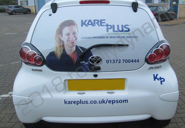 Toyota Aygo in a printed vinyl car wrap for Kare Plus