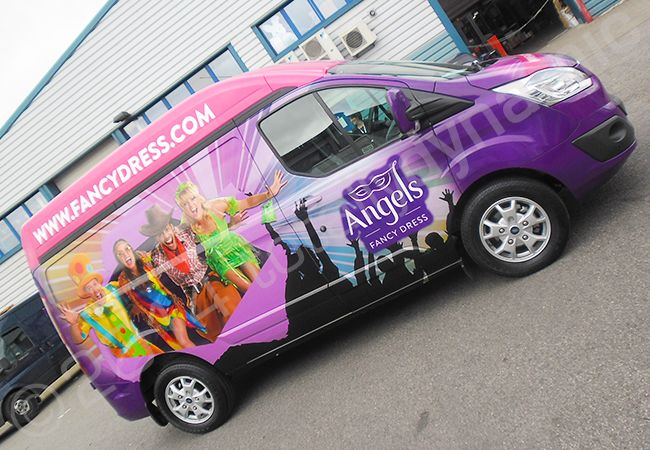 Ford Transit fully vinyl wrapped for Angels Fancy Dress in a printed van wrap design by Totally Dynamic North London