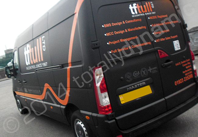 Renault Master van fully wrapped in a matt black vinyl van wrap with cut vinyl graphics by Totally Dynamic North London