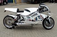 Turbine / Jet powered bike wrapped in printed chrome for Goodwood by Totally Dynamic South London