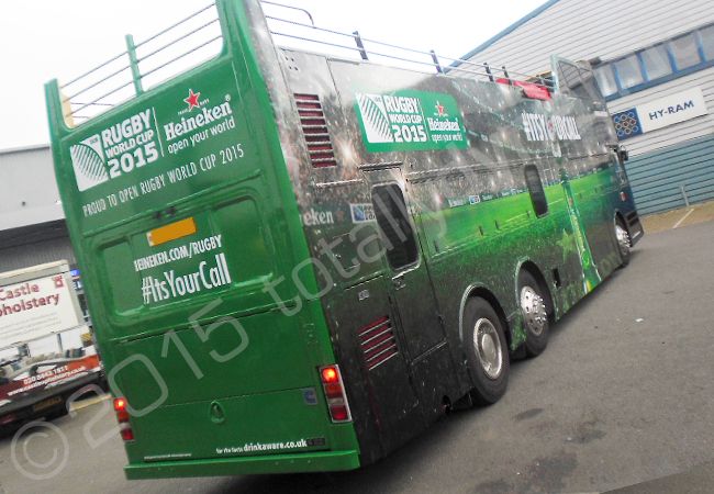 Rugby World Cup 2015 open top bus vinyl wrapped in a printed bus wrap design by Totally Dynamic North London
