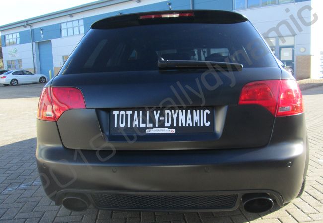 Audi RS4 fully wrapped in a satin black vinyl car wrap