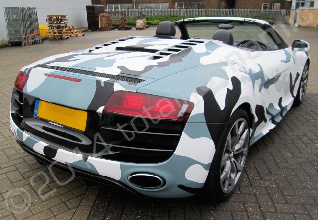 Audi R8 Spyders fully wrapped in a printed camouflage vehicle wrap design by Totally Dynamic South London