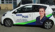 Toyota Aygo in a printed vinyl car wrap for Kare Plus