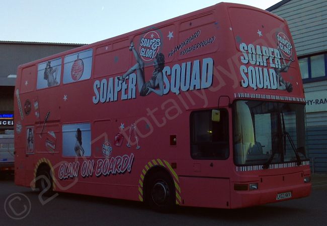 Double decker bus fully vinyl wrapped for Soap and Glory