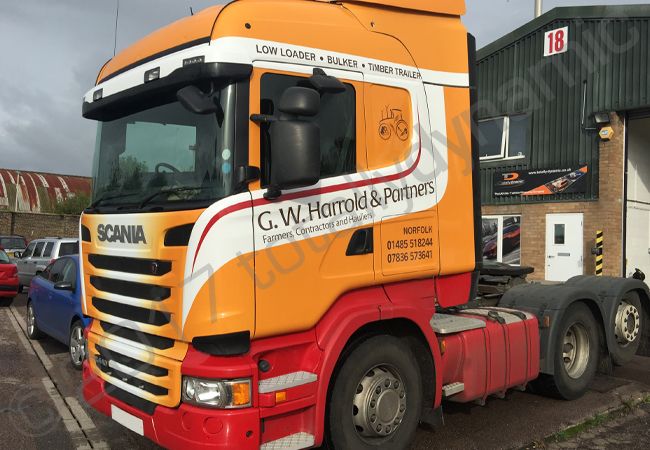 Scania lorry cab vinyl wrapped for G W Harrold
