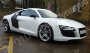 Audi R8 wrapped gloss white with carbon fibre detail by Totally Dynamic Leeds/Bradford