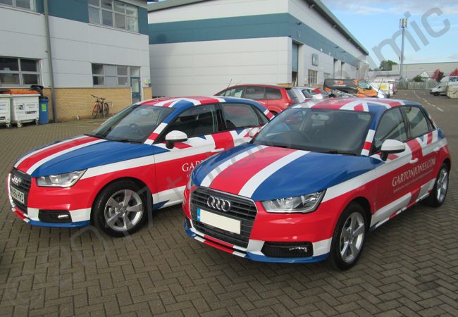 Audi A1's fully vinyl wrapped in a union flag design for Garton Jones