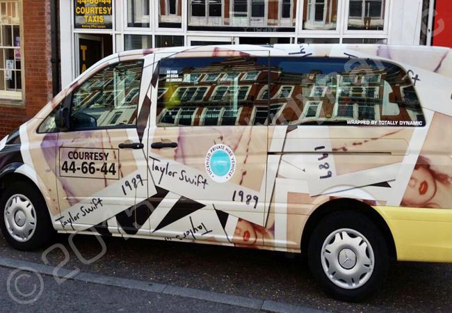 Taxi fully wrapped by Totally Dynamic Norfolk in a Taylor Swift printed vinyl taxi wrap to promote her appearance at Radio 1s Big Weekend 2015