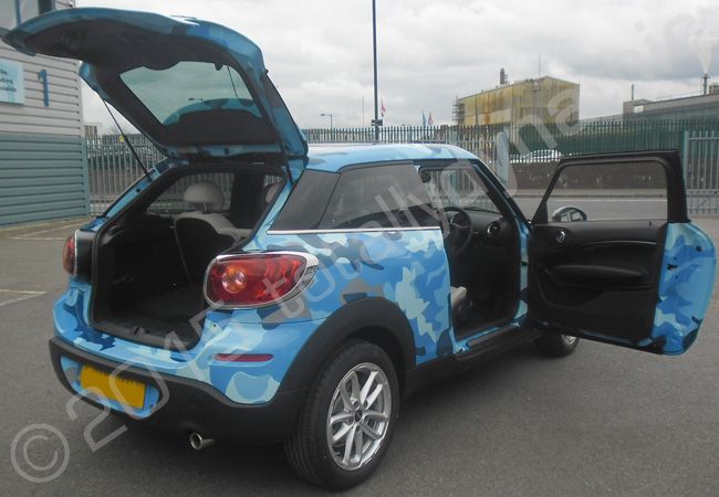 MINI Paceman fully vinyl wrapped in a printed car wrap camo design by Totally Dynamic North London