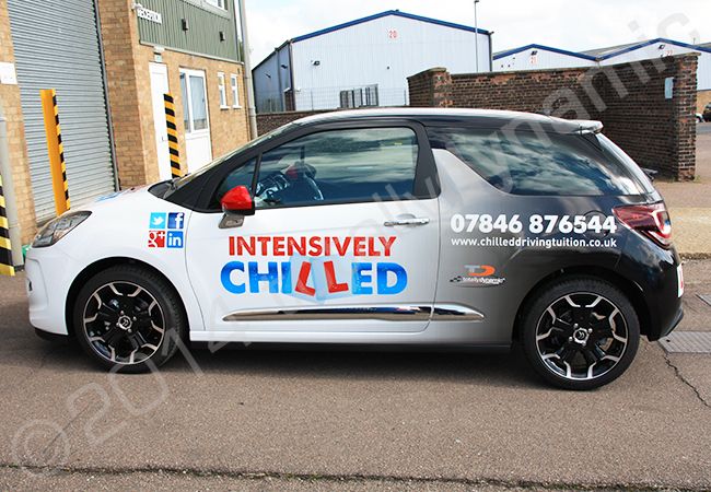 Citroen DS3 fully wrapped in a printed car wrap design for Intensively Chilled Driving Tuition by Totally Dynamic Norfolk